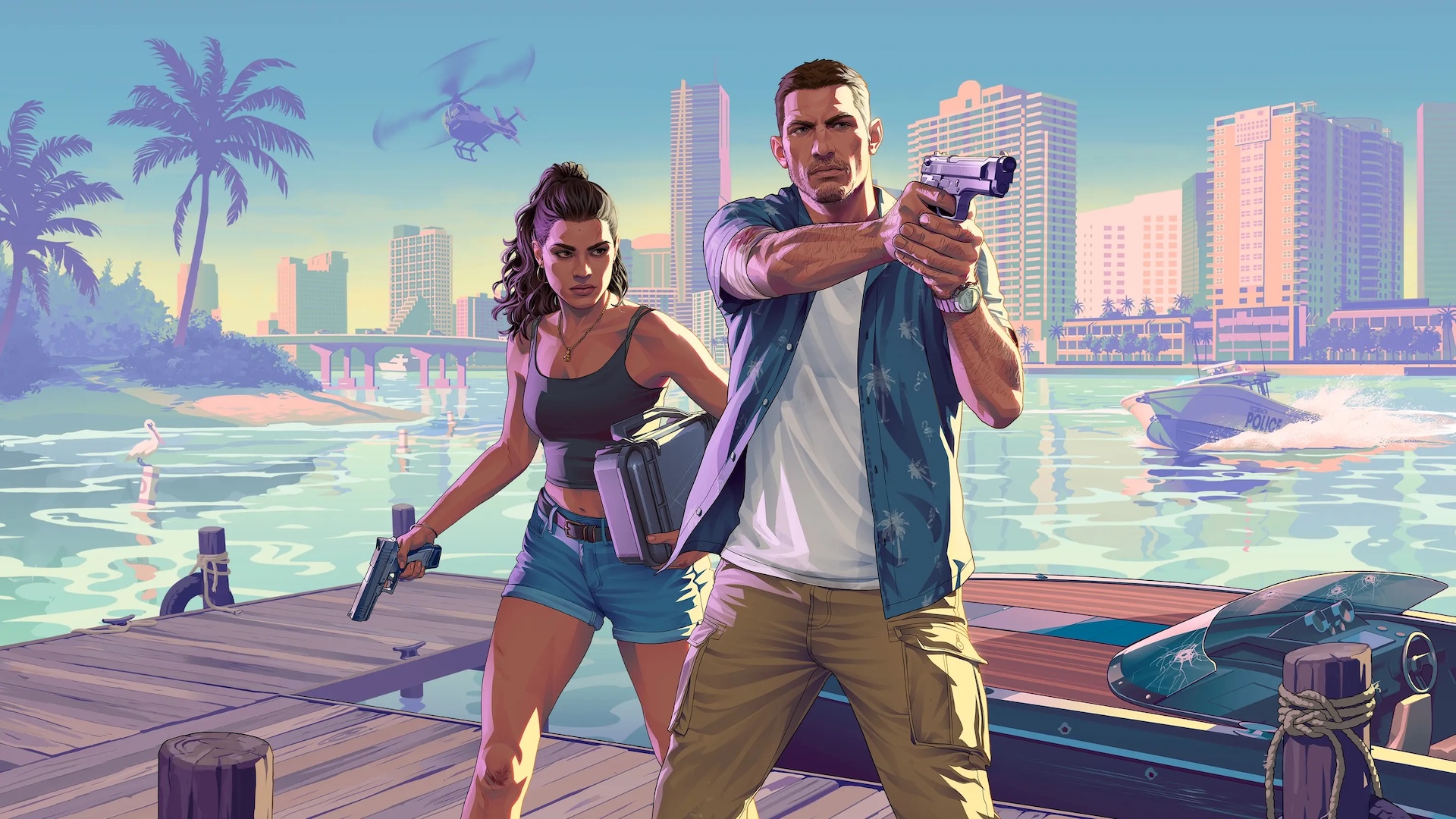 Lucia and Jason stand on a dock, pistols drawn