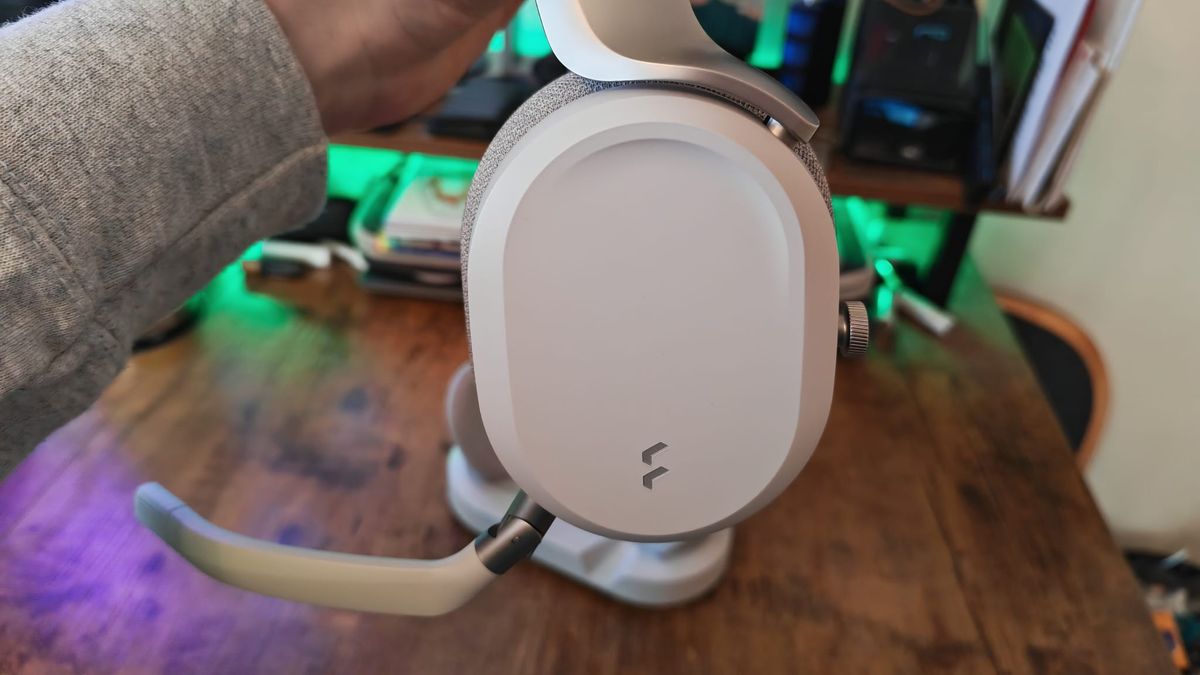 The ear cups of the Fractal Scape, showing their logo work