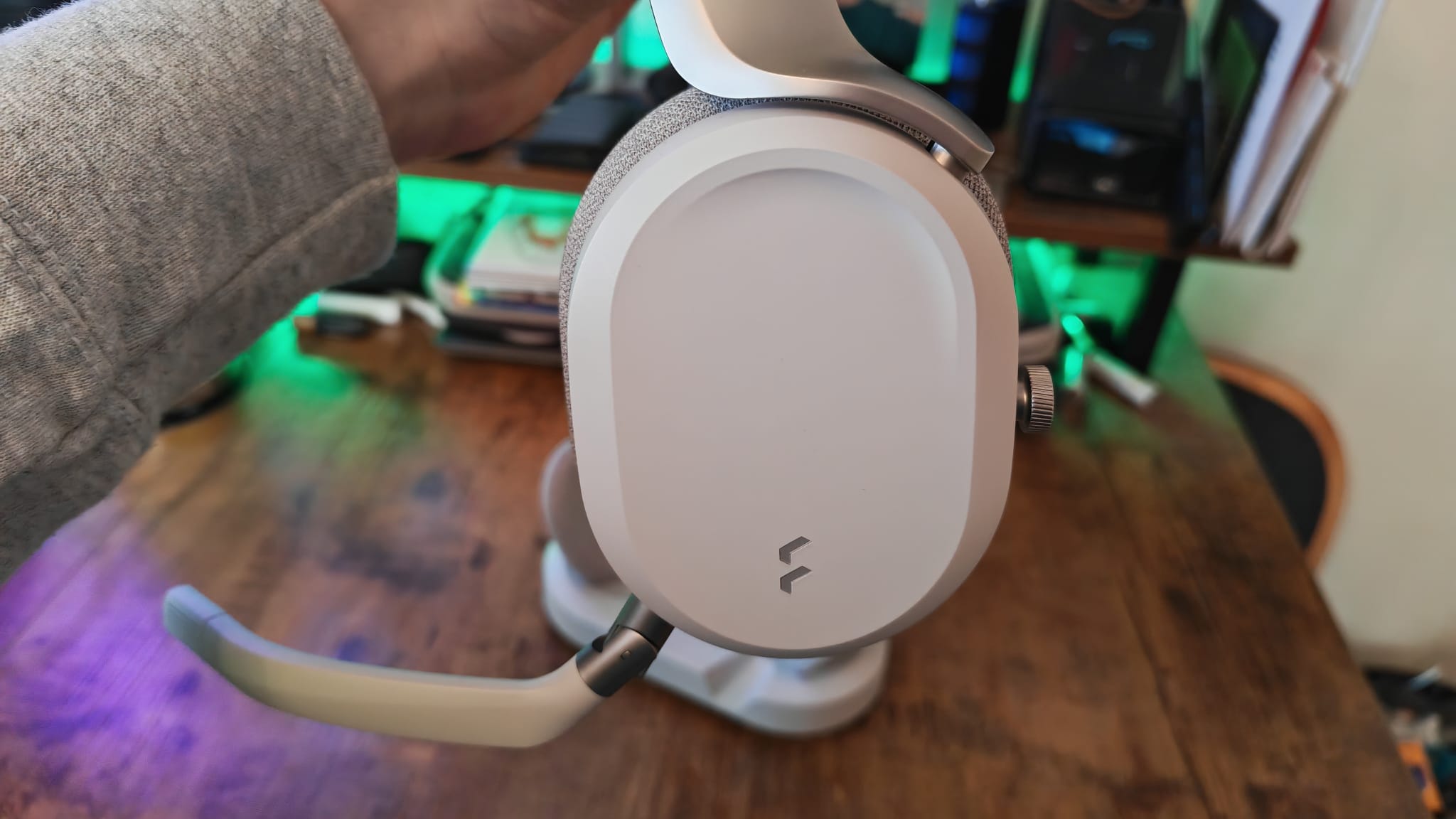 The ear cups of the Fractal Scape, showing their logo work