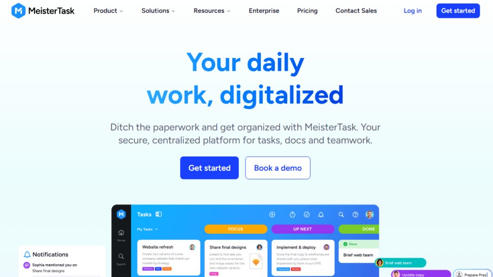 Website screenshot of MeisterTask (February, 2026)