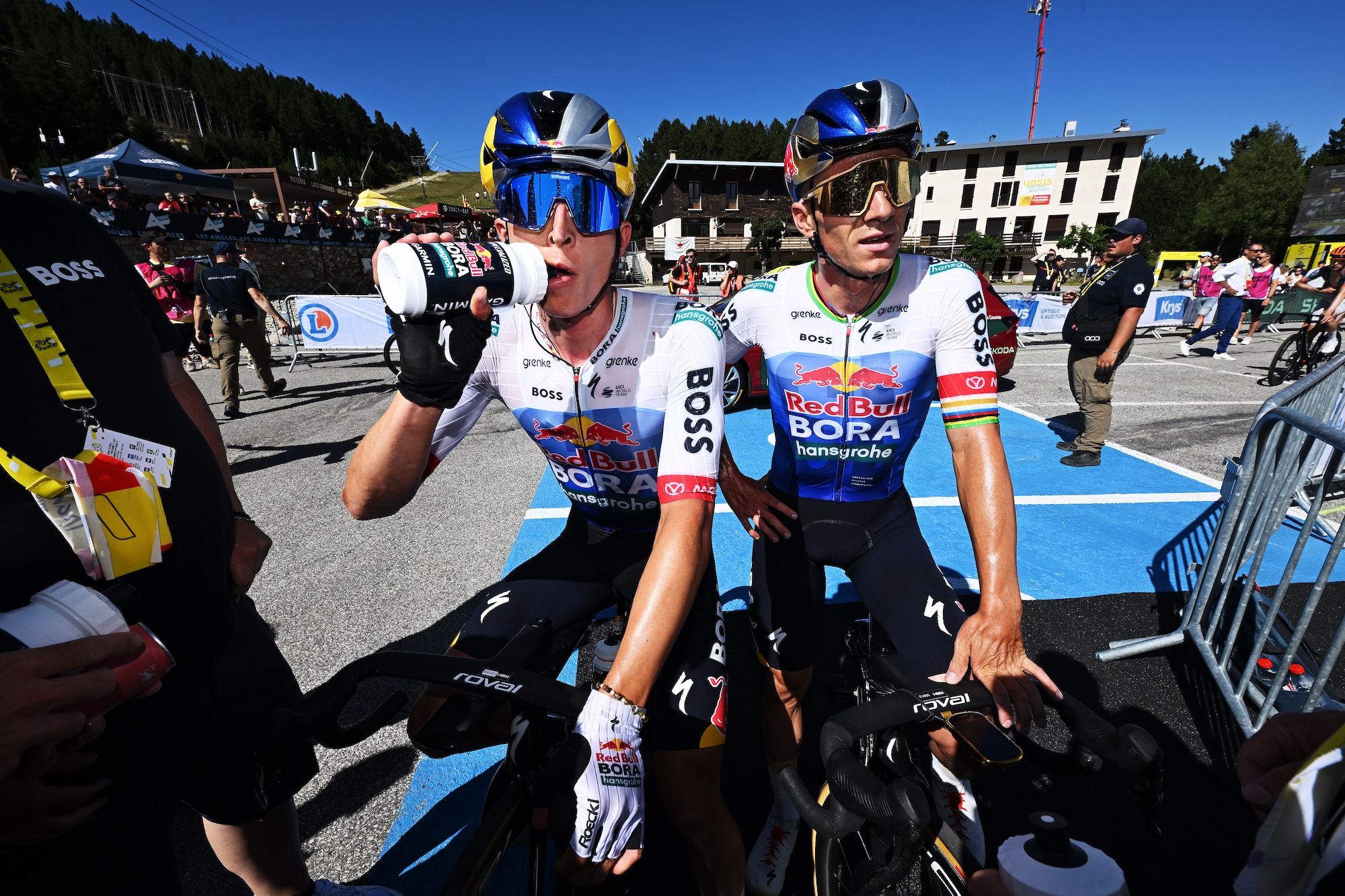 Florian Lipowitz of Germany and Remco Evenepoel of Red Bull-Bora-Hansgrohe earlier in the 2026 Tour de France (Photo by Tim de Waele/Getty Images)