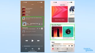 Screenshots showing a track not appearing in recently played in Apple Music on iOS