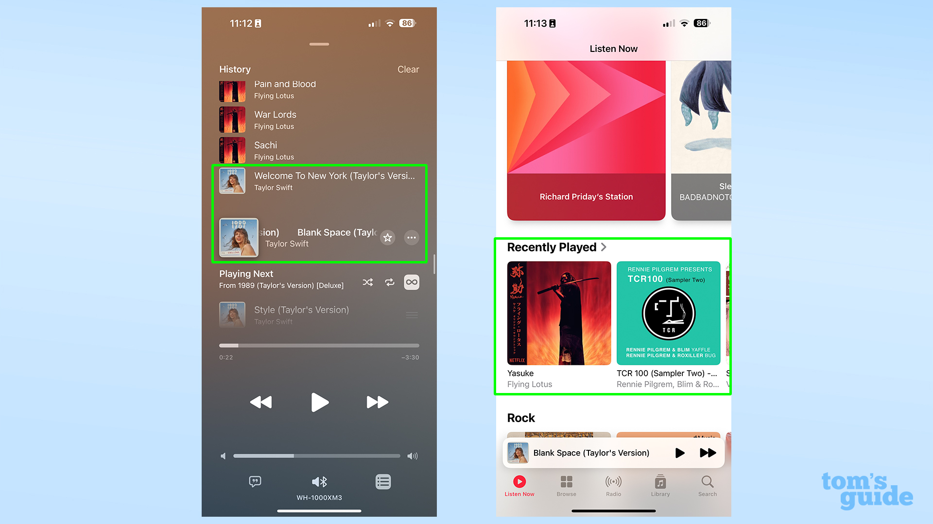 Снимки экрана, показывающие трек, который не отображается в списке недавно воспроизведенных в Apple Music на iOS.