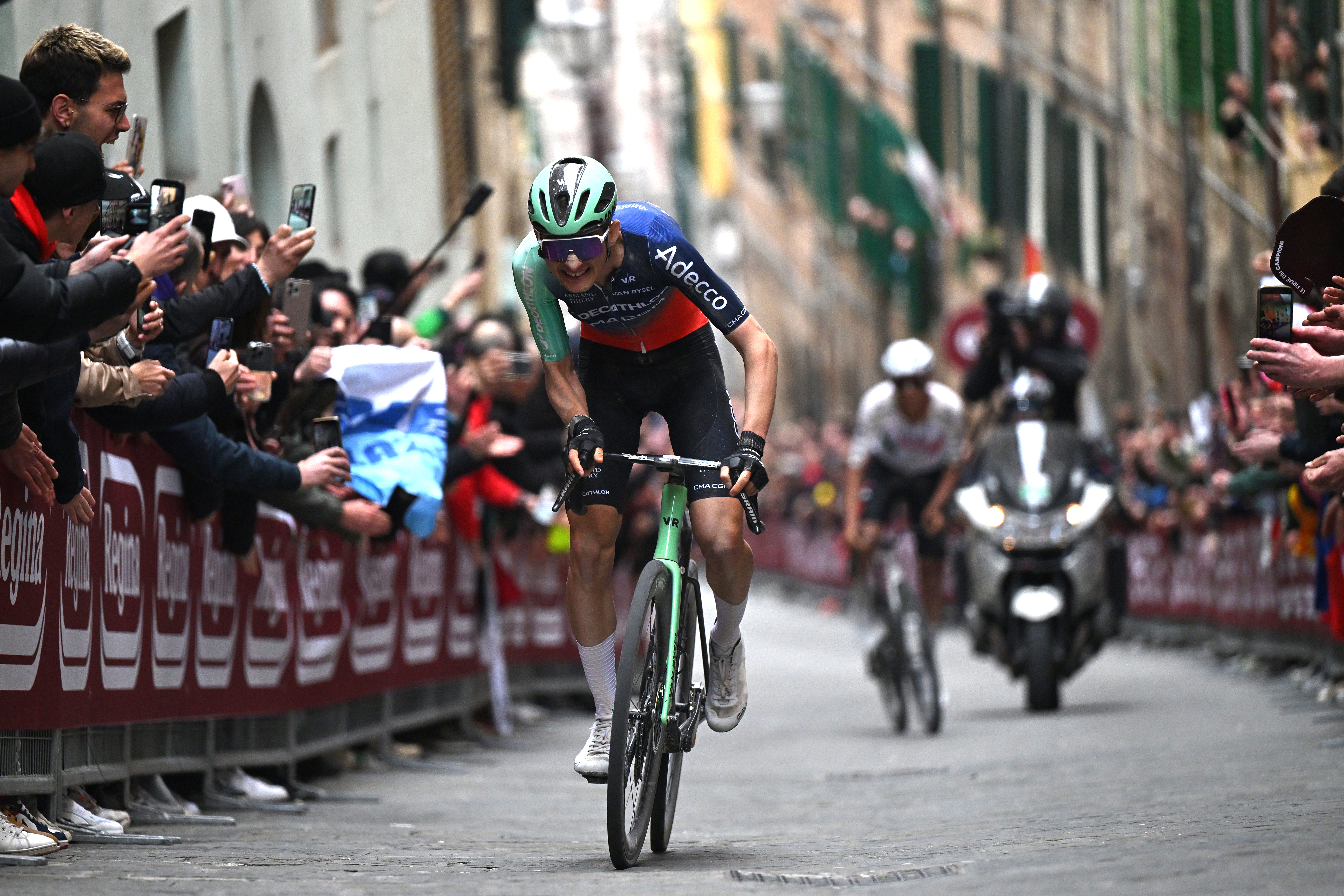 SIENA, ITALY - MARCH 07: Paul Seixas of France and Team Decathlon CMA CGM competes in the chase group during the 20th Strade Bianche 2026 a 203km one day race from Siena to Siena / #UCIWT / on March 07, 2026 in Siena, Italy. (Photo by Luc Claessen/Getty Images)