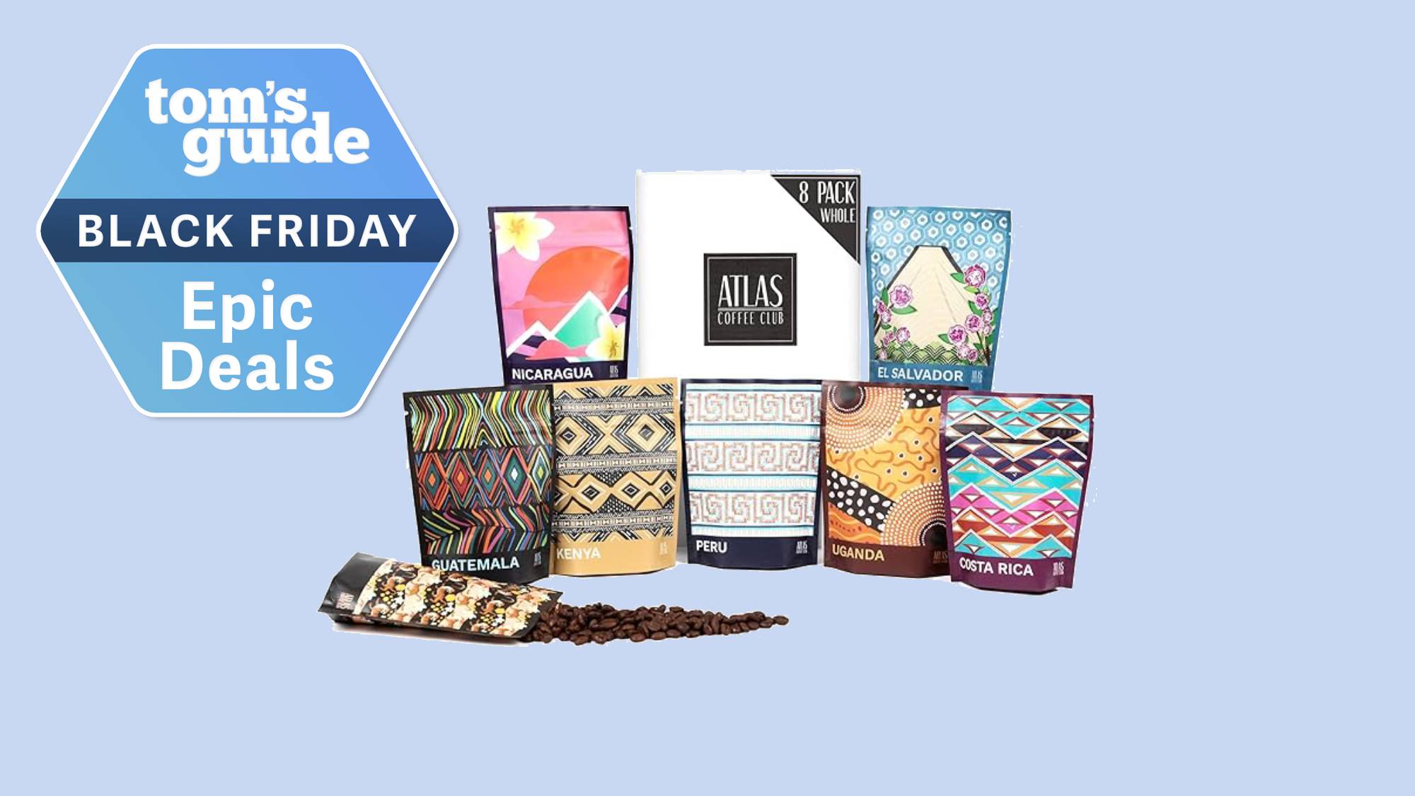 Atlas Coffee packs shown against blue backdrop