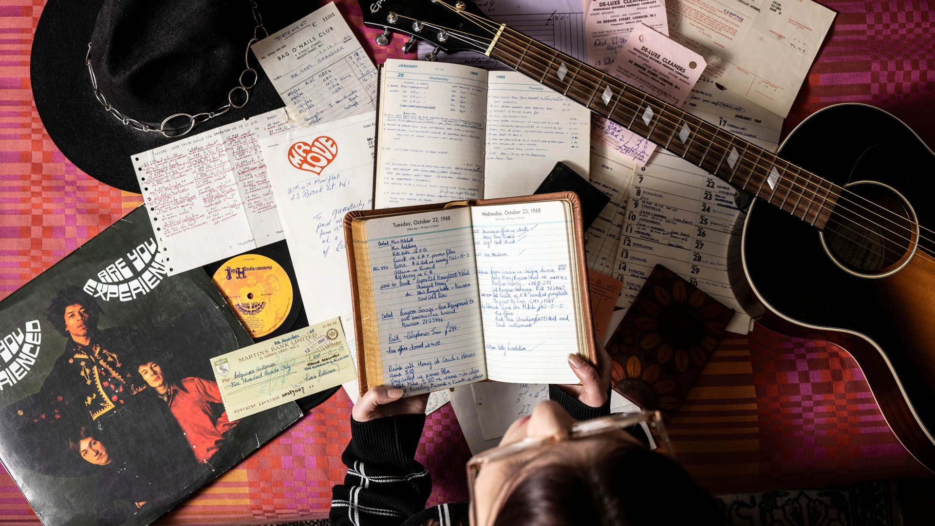 A photo of Jimi Hendrix exhibits.