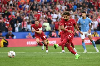 Liverpool 2022/23 season preview and prediction: Mohamed Salah of Liverpool scores their side's second goal from a penalty, following a VAR Review confirms a handball by Ruben Dias of Manchester City ( not pictured ), during The FA Community Shield between Manchester City and Liverpool FC at The King Power Stadium on July 30, 2022 in Leicester, England.