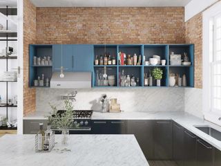 a kitchen with open storage for dishes