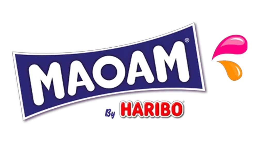 The symmetrical Maoam ambigram logo showing the company name on a symmetrical curved dark blue banner