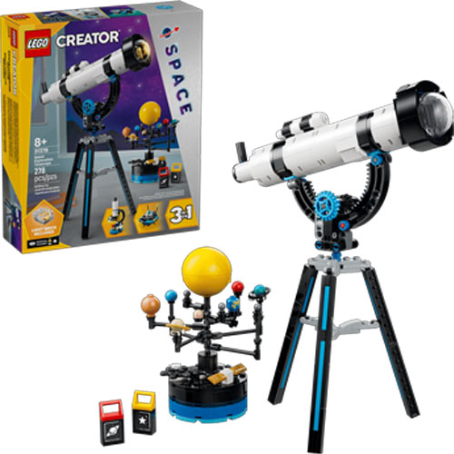 A brick built telescope is placed next to a miniature brick built solar system, both in front of a product box on a white background.