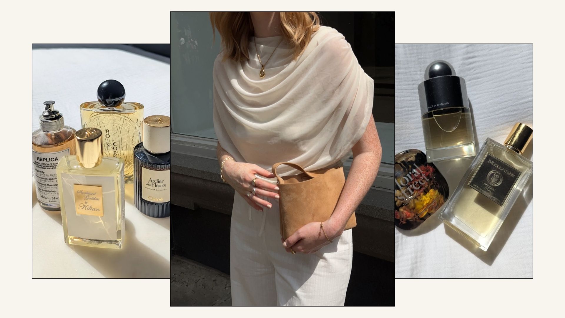 A woman wearing a chic cream outfit and 2 pictures of the best creamy perfumes
