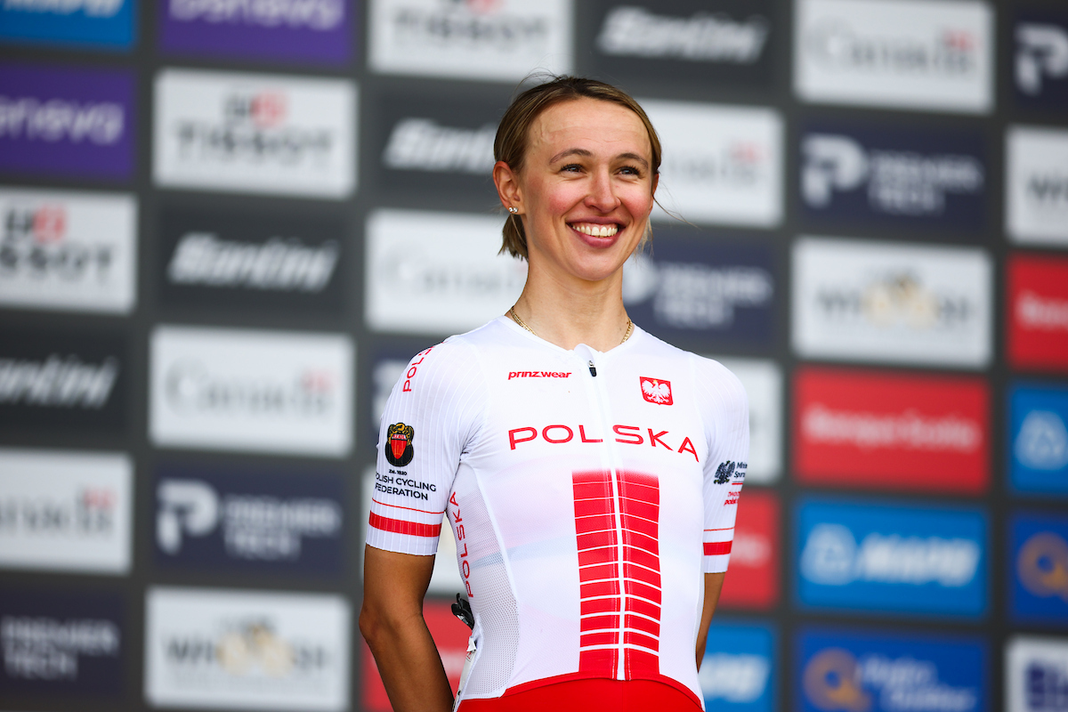 Kasia Niewiadoma-Phinney on the podium after finishing second at the 2026 UCI Road World Championships road race in Montreal, Canada (Picture by Vaughn Ridley/SWpix.com) 
