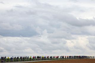 The pack of riders cycles during the 2nd stage of the Paris-Nice cycling race, 183,9 km between Montesson and Bellegarde, on March 10, 2025. (Photo by Anne-Christine POUJOULAT / AFP)