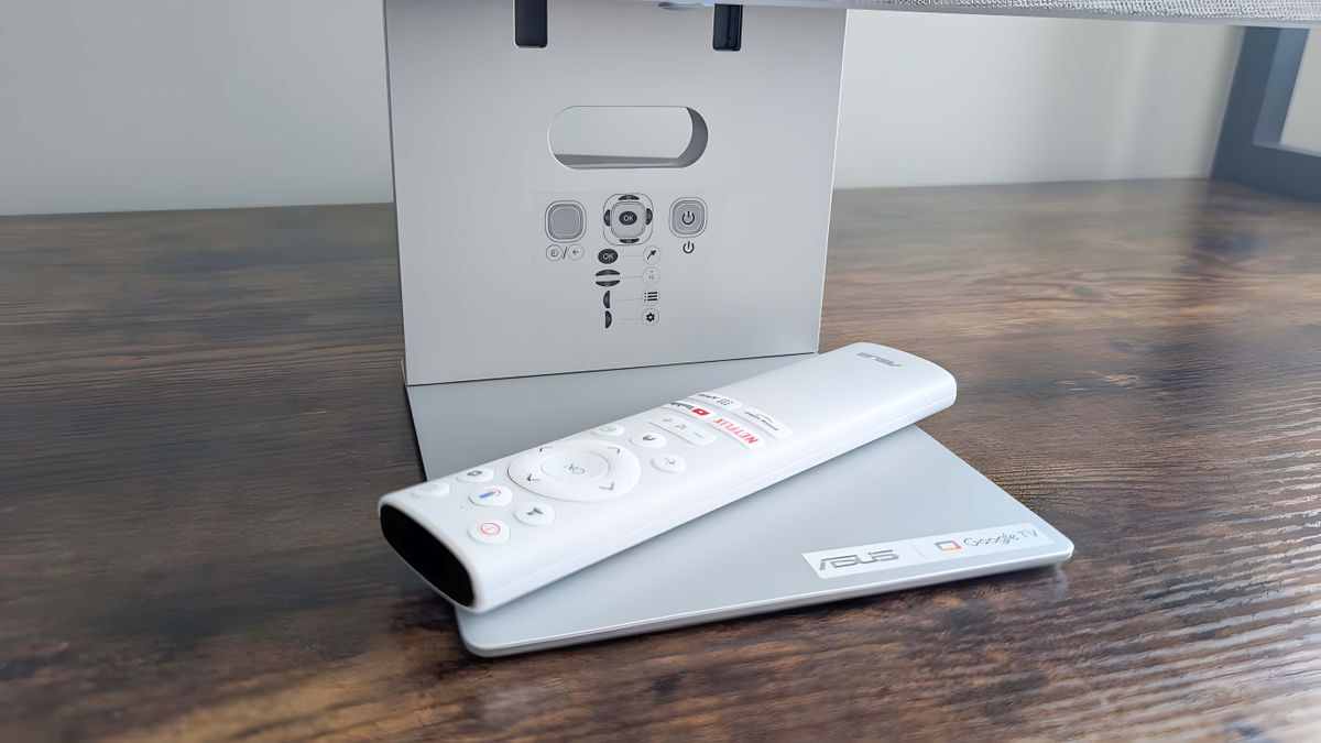 ASUS ZenScreen Smart TV MS27UC's remote on the base.