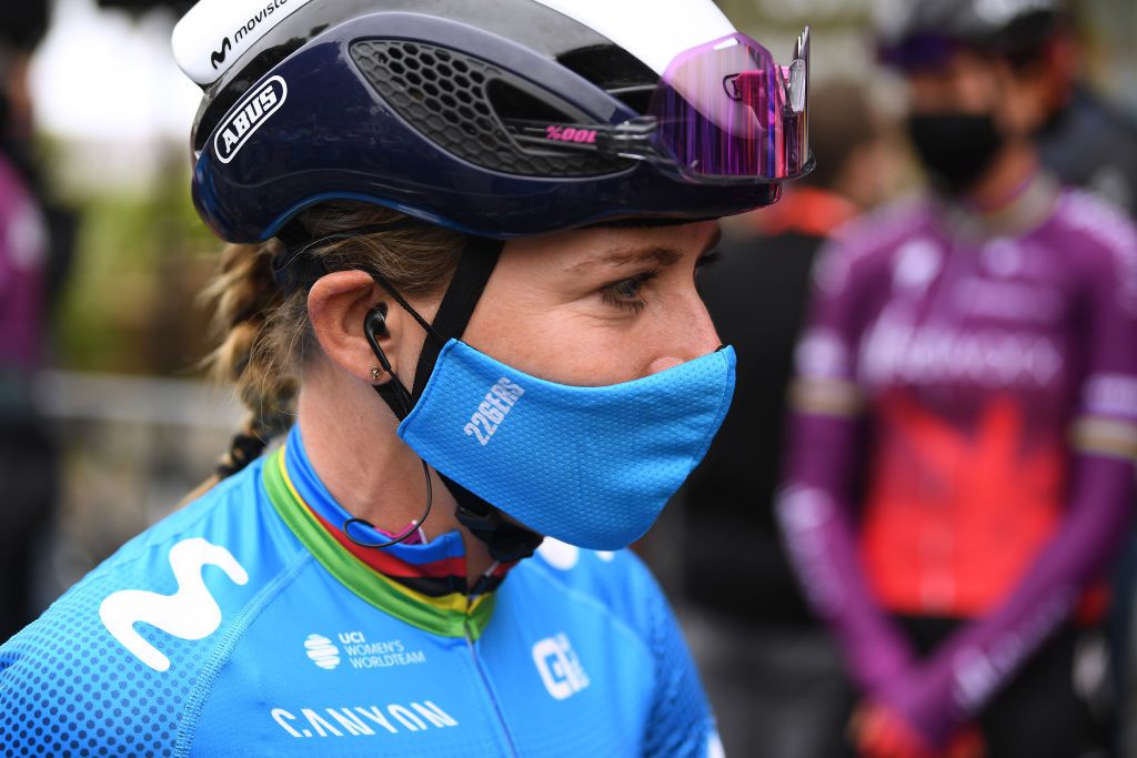 At the start of the first-ever Paris-Roubaix Femmes, which didn&#039;t end as planned for Annemiek van Vleuten (Movistar)