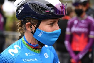 At the start of the first-ever Paris-Roubaix Femmes, which didn't end as planned for Annemiek van Vleuten (Movistar)