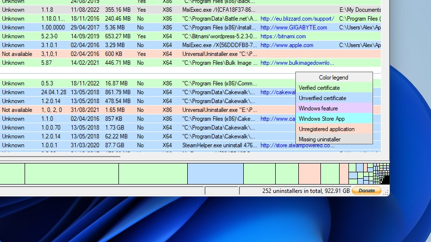 The colored legend in the corner of BCUninstaller's main window, showing what each of its color-coded options mean.