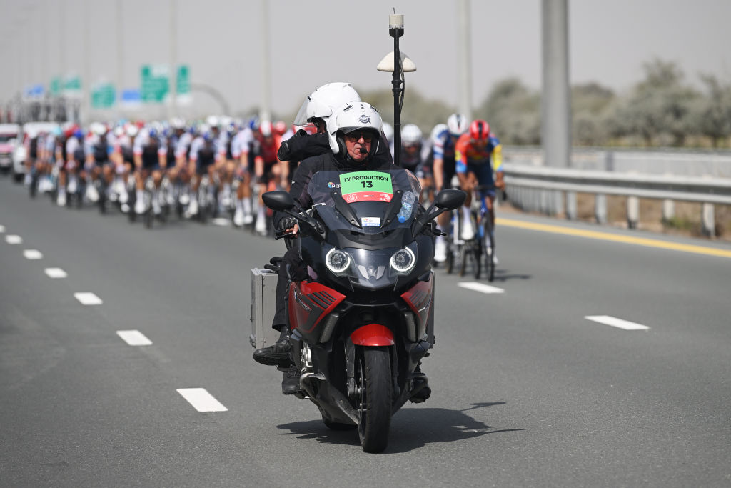 DUBAI UNITED ARAB EMIRATES FEBRUARY 21 TV motorbike during the 7th UAE Tour 2025 Stage 5 a 160km stage from American University Dubai to American University Dubai UCIWWT on February 21 2025 in Dubai United Arab Emirates Photo by Dario BelingheriGetty Images