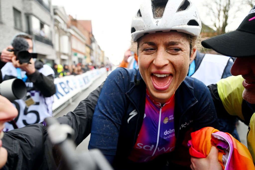 WEVELGEM BELGIUM MARCH 26 Race winner Marlen Reusser of Switzerland and Team SD Worx reacts after the 12th GentWevelgem In Flanders Fields 2023 Womens Elite a 1625km one day race from Ypres to Wevelgem UCIWWT on March 26 2023 in Wevelgem Belgium Photo by Luc ClaessenGetty Images