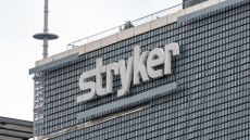 Logo of medical technology company Stryker pictured on a building facade in Warsaw, Poland.