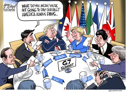 Political cartoon World G7 summit Trump Trudeau Canada economics