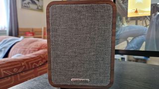 Ruark MR1 Mk2 Bluetooth Speakers review image showing the front of the left speaker, and its grey mesh grille