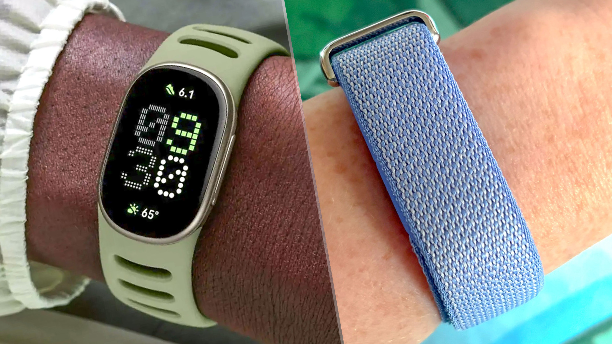 On the left, a close up of the Fitbit Edge on a person's wrist. On the right, a close up of the Fitbit Air on our reviewer's wrist