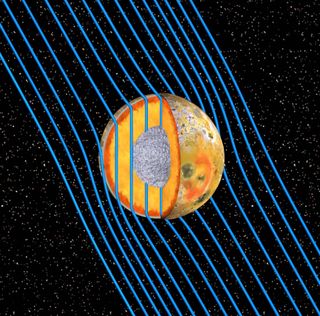 Artist's concept of the internal structure of Jupiter's moon Io. A global magma "ocean" (shown in orange) lies beneath a crust 30 to 50 kilometers thick. The rest of Io's mantle is shown in gold, while the moon's core is rendered in silver.