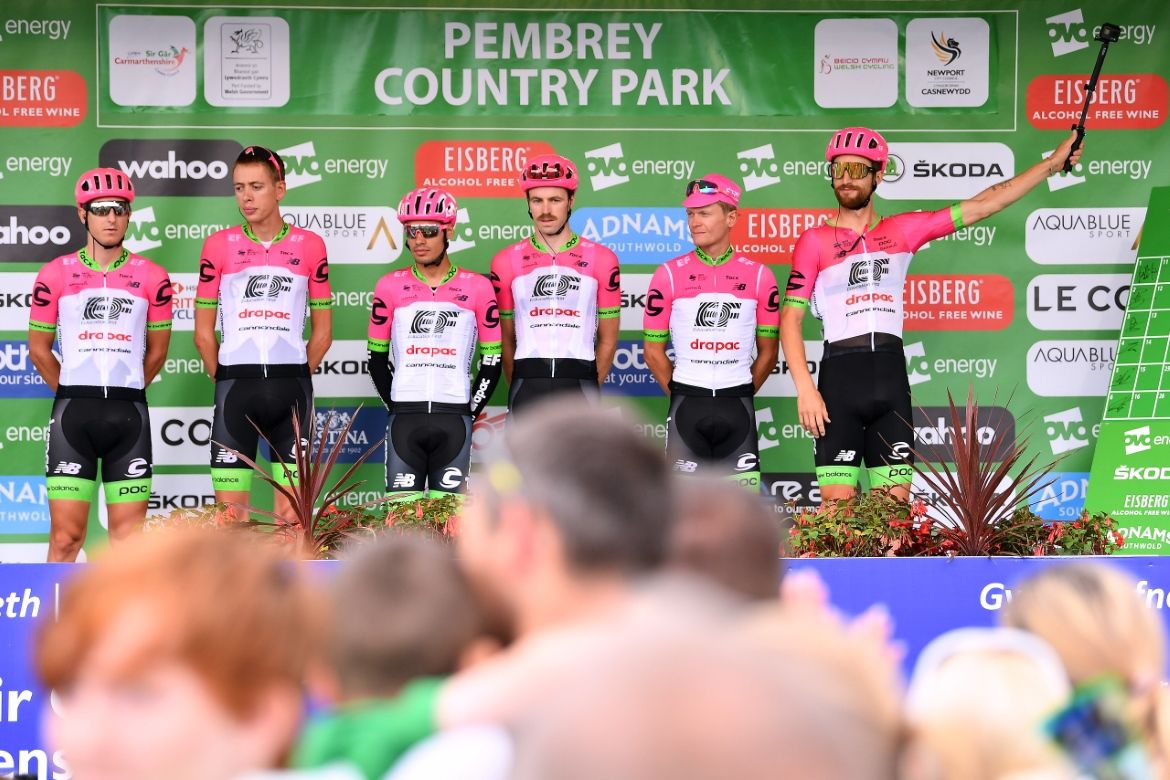 Taylor Phinney with the go-pro on the podium for EF-Drapac