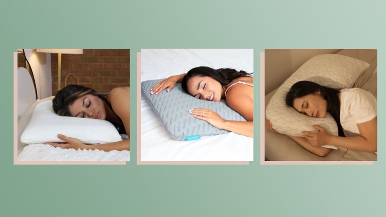 A composite image of three of the best thin pillows of 2022 with three women sleeping on them