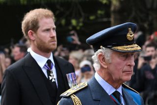 King Charles III and Britain's Prince Harry, Duke of Sussex walk behind the coffin of Queen Elizabeth II, adorned with a Royal Standard and the Imperial State Crown and pulled by a Gun Carriage of The King's Troop Royal Horse Artillery, during a procession from Buckingham Palace to the Palace of Westminster, in London on September 14, 2022