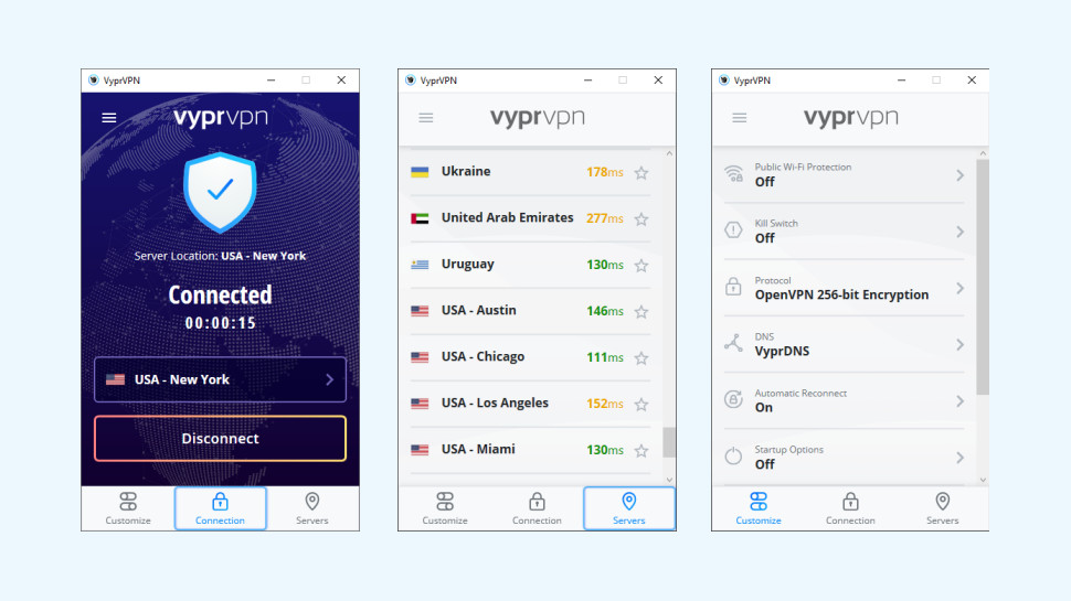 VyprVPN:s Windowsklient ett luftigt och renodlat gränssnitt.