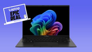 Black Asus Zenbook OLED laptop against blue gradient background with epic deal sticker.