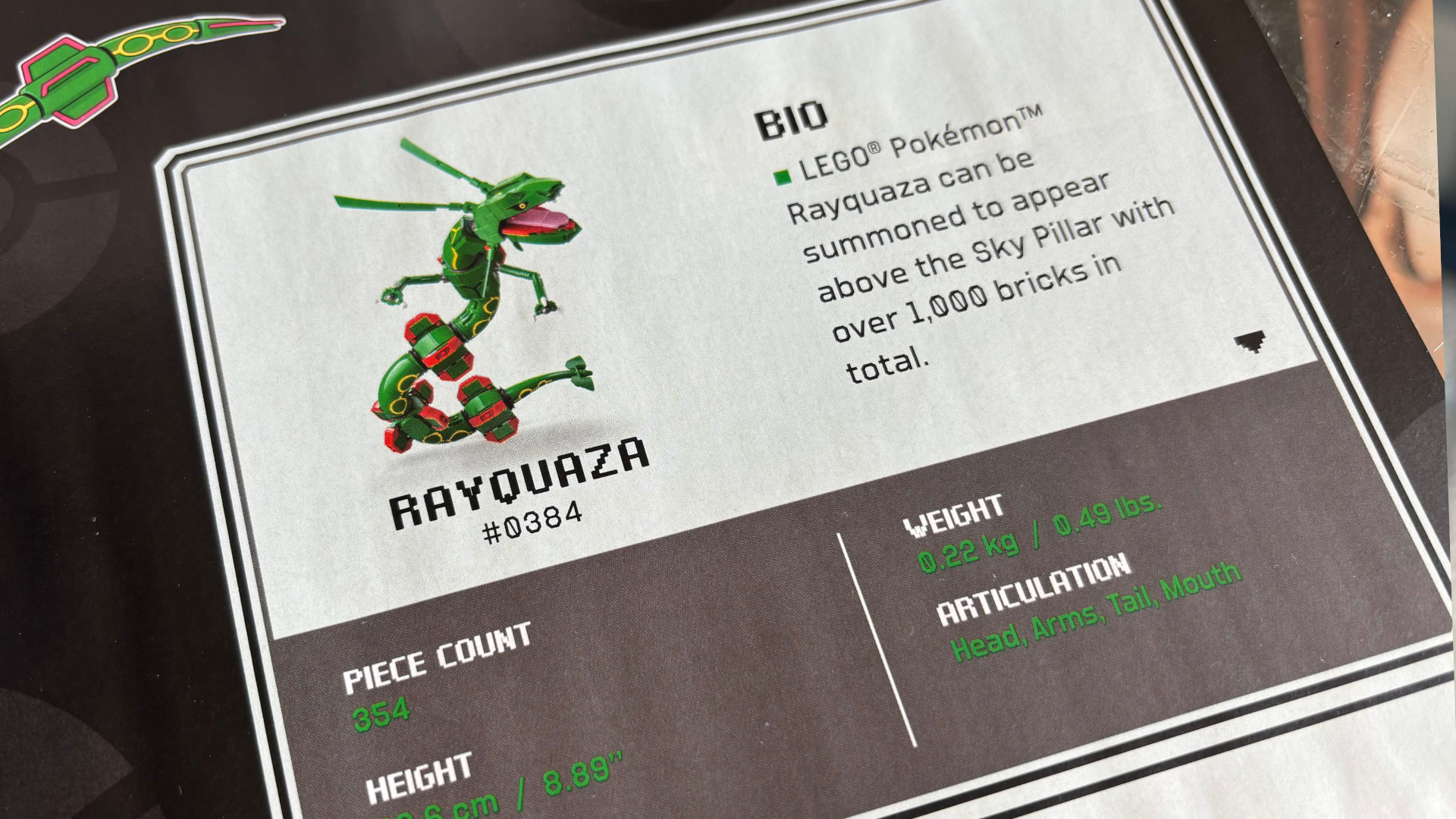 Lego Rayquaza Pokedex entry in the instruction booklet