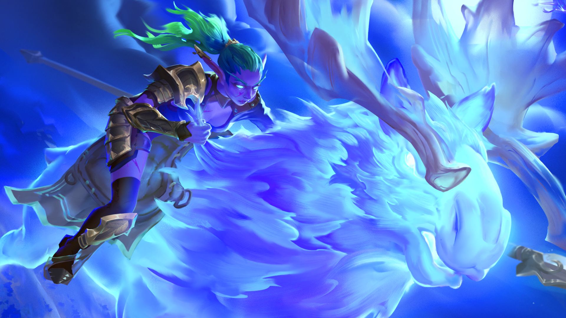 Art from Dungeons &amp;amp; Dragons: World of Warcraft featuring an armored night elf warrior riding on the back of a ghostly blue elk.
