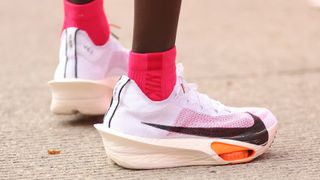 Close-up of the Nike running shoes Kelvin Kiptum wore in the Chicago Marathon 2023