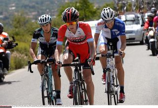 BMC's Peter Stetina in the mountains jersey, climbs with Gianluca Brambilla and Marc de Maar