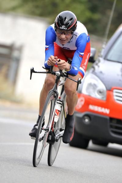 Slovenian time trial champion Janez Brajkovic (Radioshack) en route to victory in the Dauphin&eacute;'s third stage.