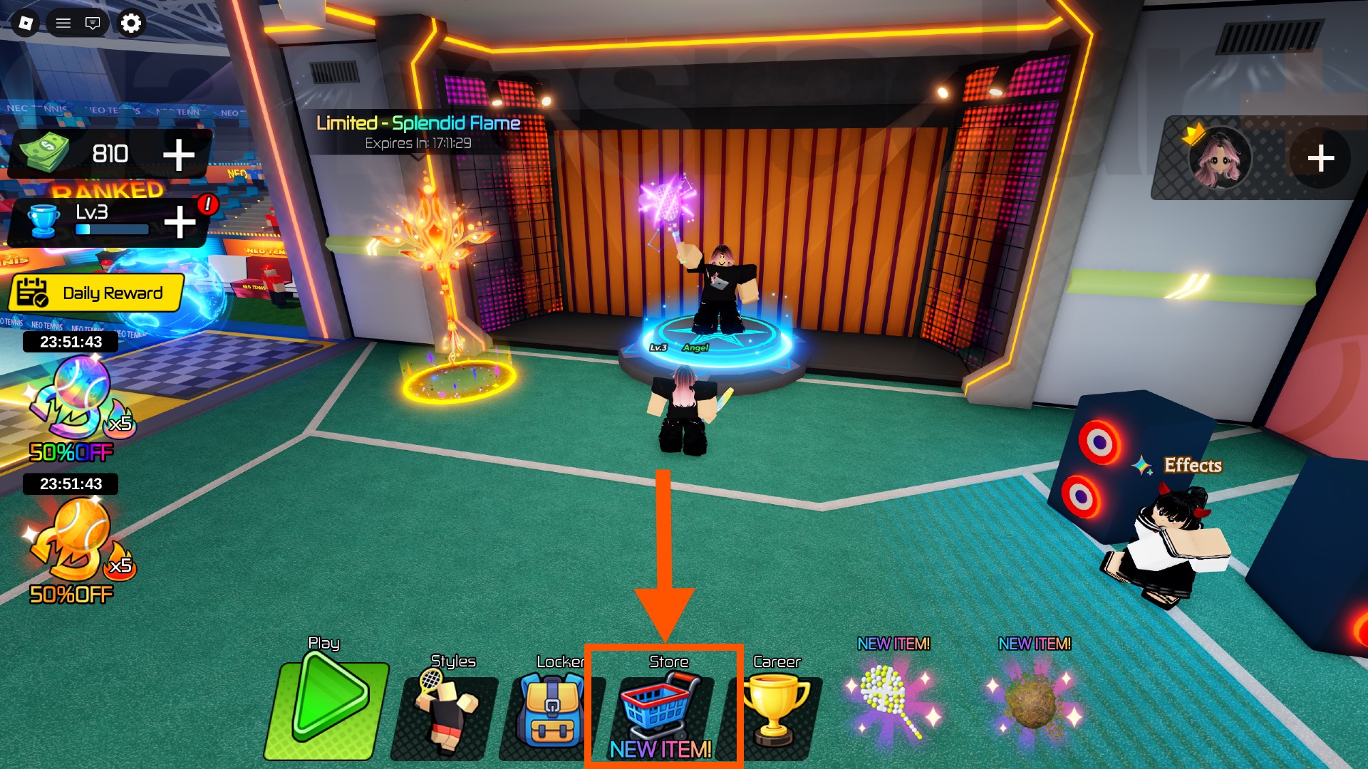 An arrow points to the Shop icon where you can redeem Neo Tennis codes.