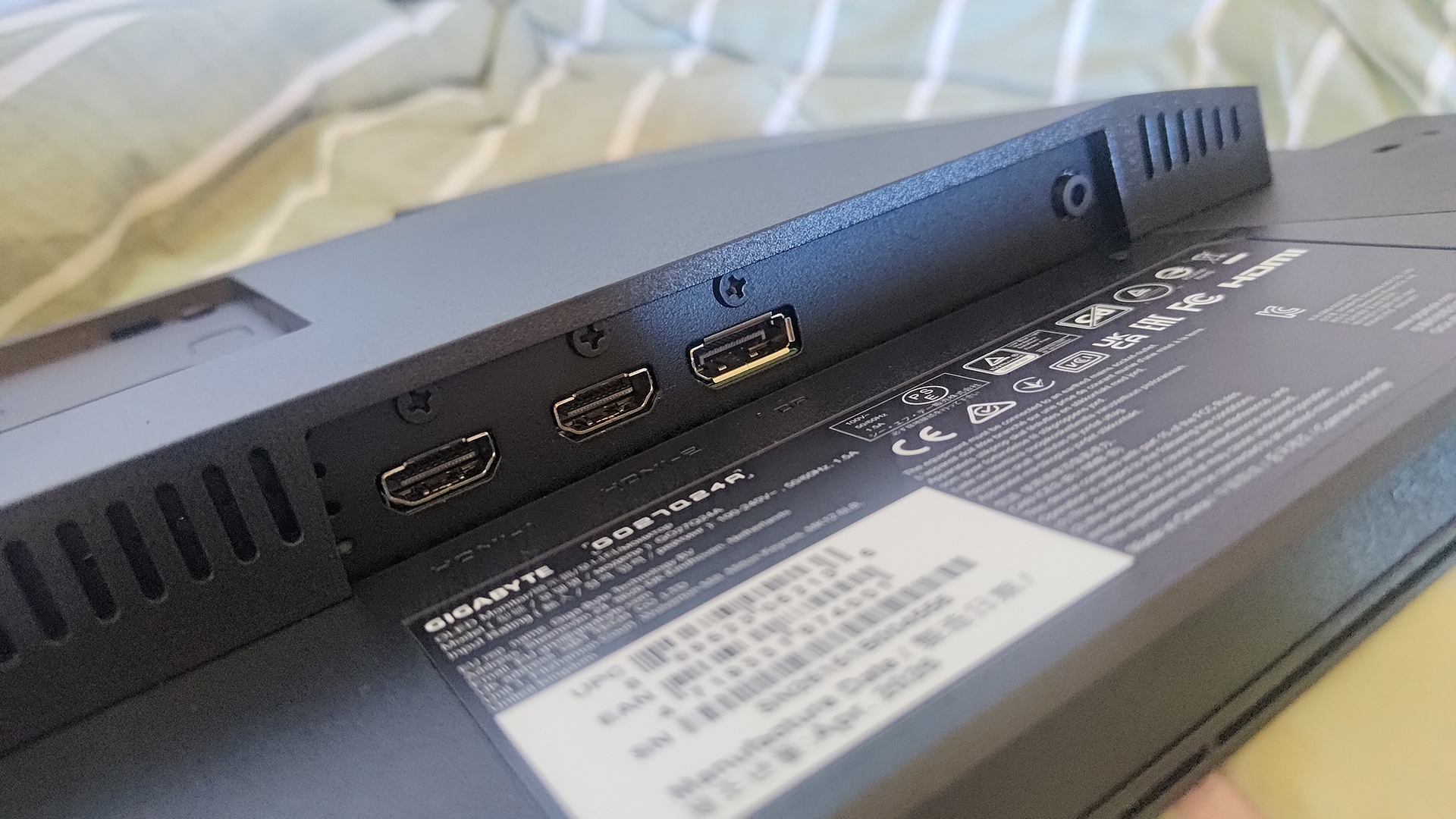 The rear ports of a Gigabyte GO27Q24A monitor