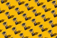 Trophy cups winner champion cups pattern with hard shadow on yellow background.