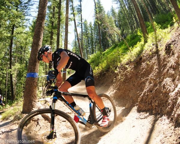 Russell Finsterwald (Subaru-Trek) carving one of the many downhill switchbacks on the course today.