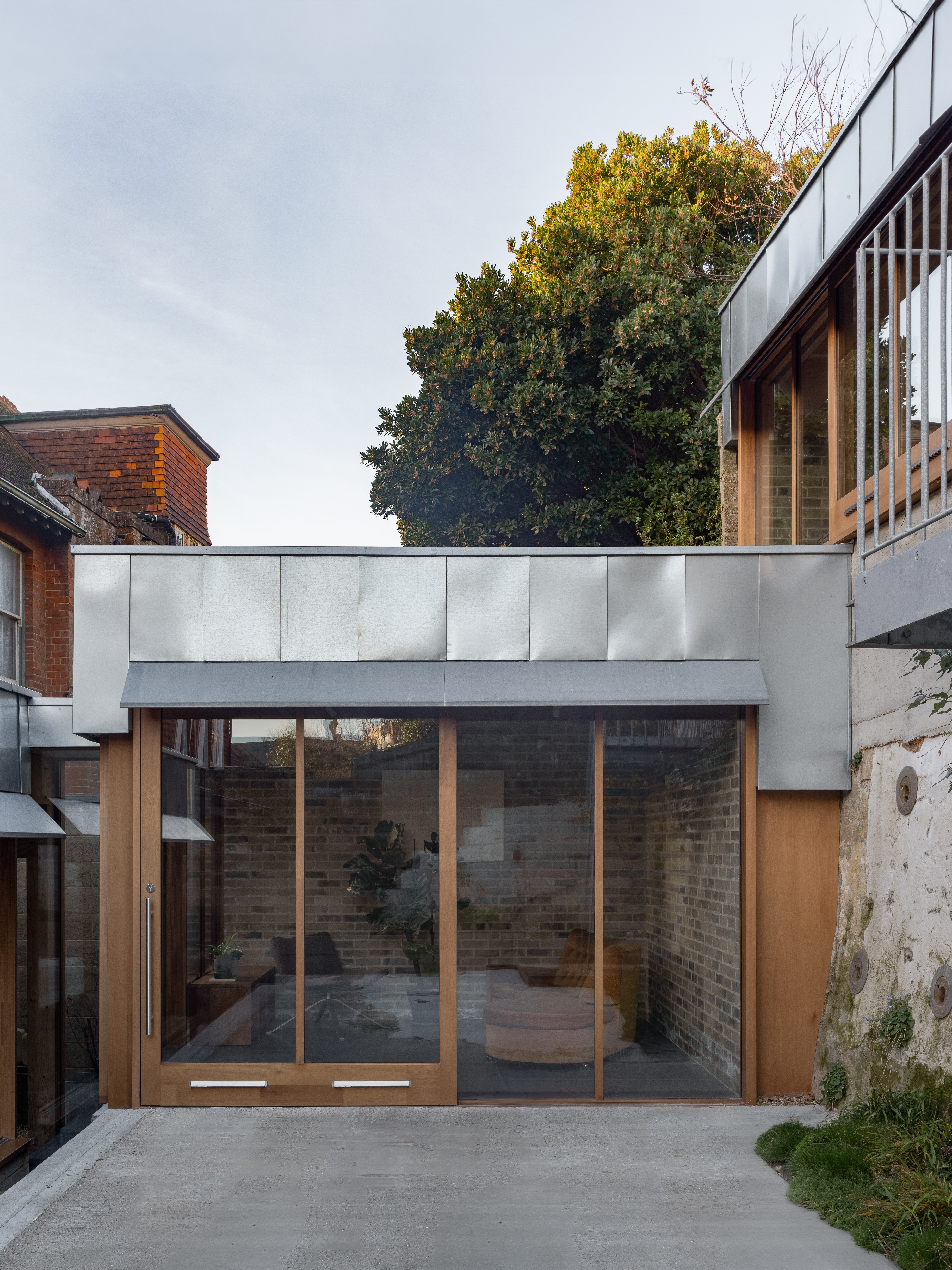 A metal and wood exterior of a building