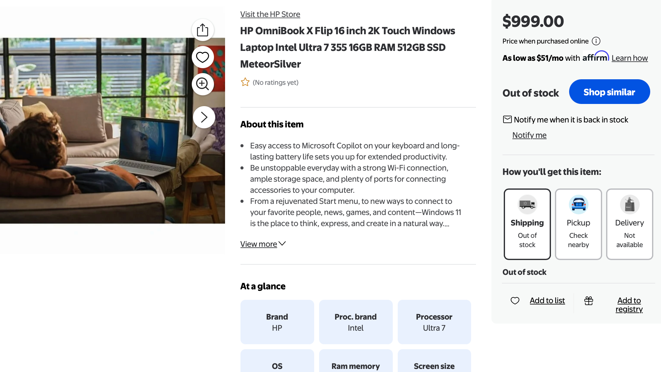 HP OmniBook X Flip 16 Walmart listing page