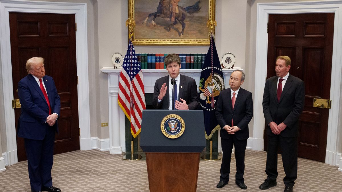 OpenAI CEO Sam Altman speaking at the White House, Washington DC, during the Stargate Project Announcement, with Oracle CEO Larry Ellison, SoftBank CEO Masayoshi Son, and President Trump also pictured.