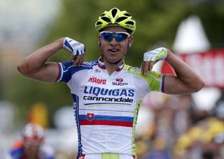 Peter Sagan (Liquigas-Cannondale) celebrates his win.