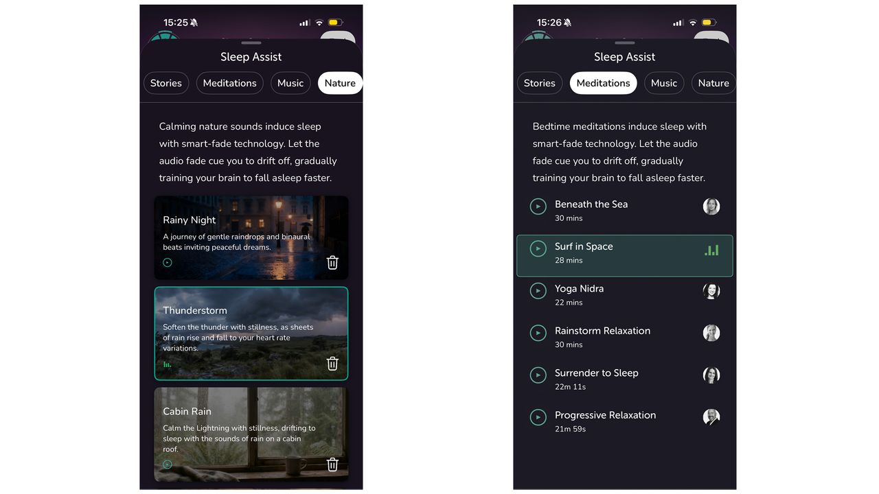 Two screen shots showing the variety of sounds available for the Muse Sleep Assist feature