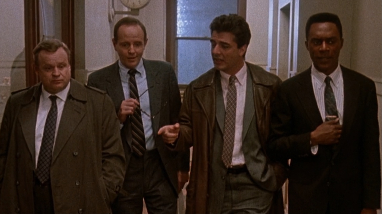 George Dzundza, Michael Moriarty, Chris Noth, and Richard Brooks in the opening credits for Law &amp;amp; Order Season 1x01