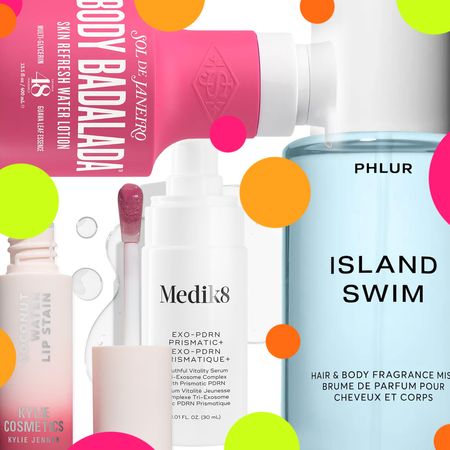 collage of Kylie Cosmetics Coconut Water Lip Stain, Sol de Janeiro Body Badalada&trade; Skin Refresh Water Lotion, Phlur Island Swim Hair & Body Mist, Medik8 Exo-Pdrn Prismatic+ and on white background with pink, orange, and green polka dots 