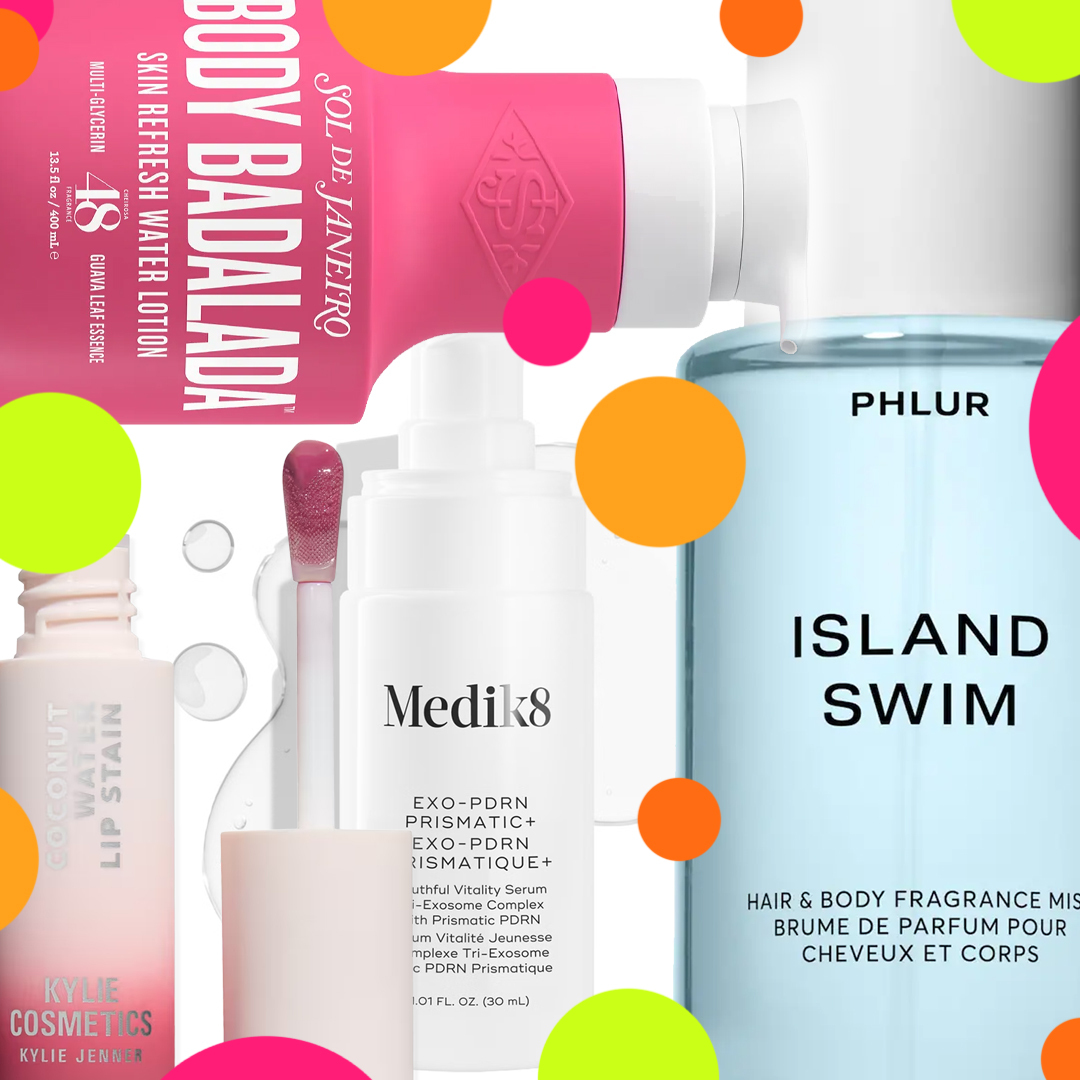 collage of Kylie Cosmetics Coconut Water Lip Stain, Sol de Janeiro Body Badalada&trade; Skin Refresh Water Lotion, Phlur Island Swim Hair &amp; Body Mist, Medik8 Exo-Pdrn Prismatic+ and on white background with pink, orange, and green polka dots 
